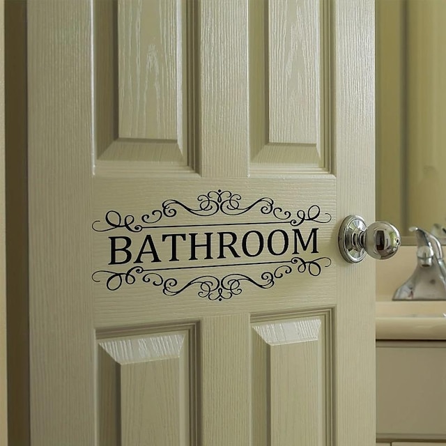  grafisk väggdekal för brev, engelsk logotyp badrumsdörrklistermärke, avtagbara väggdekaler för hembadrum, heminredning