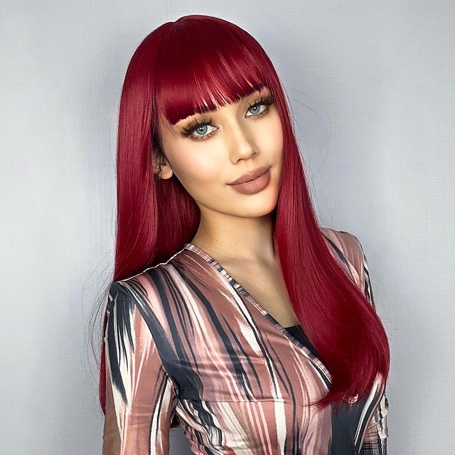  Synthetic Wig Uniforms Career Costumes Princess Straight kinky Straight Middle Part Layered Haircut Machine Made Wig 20 inch Wine Red Synthetic Hair Women's Cosplay Party Fashion Burgundy Natural