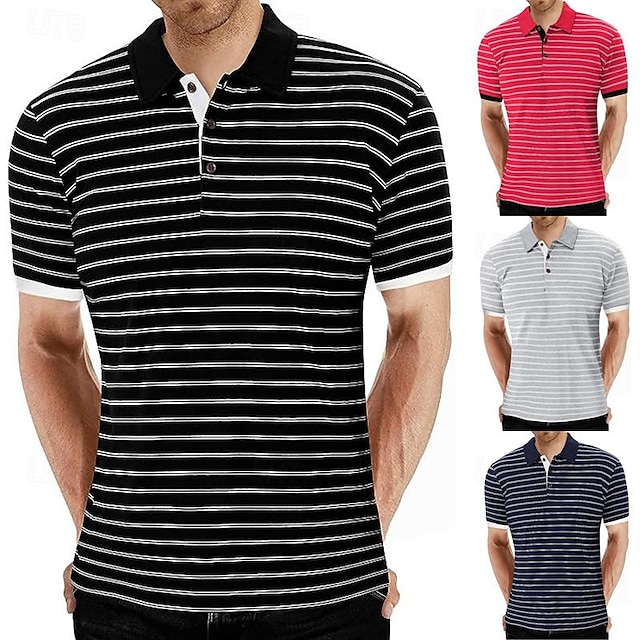  Men's Golf Shirt Golf Polo Work Casual Lapel Short Sleeve Basic Modern Stripes Button Spring & Summer Regular Fit Black Red Navy Blue Blue Gray Golf Shirt