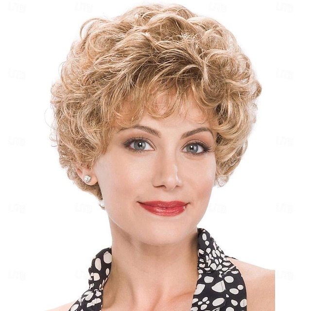  Short Blonde Pixie Cut Curly Wigs for White Women Full Fuffy Curly Light Blonde With Bangs Wig Short Synthetic Hair