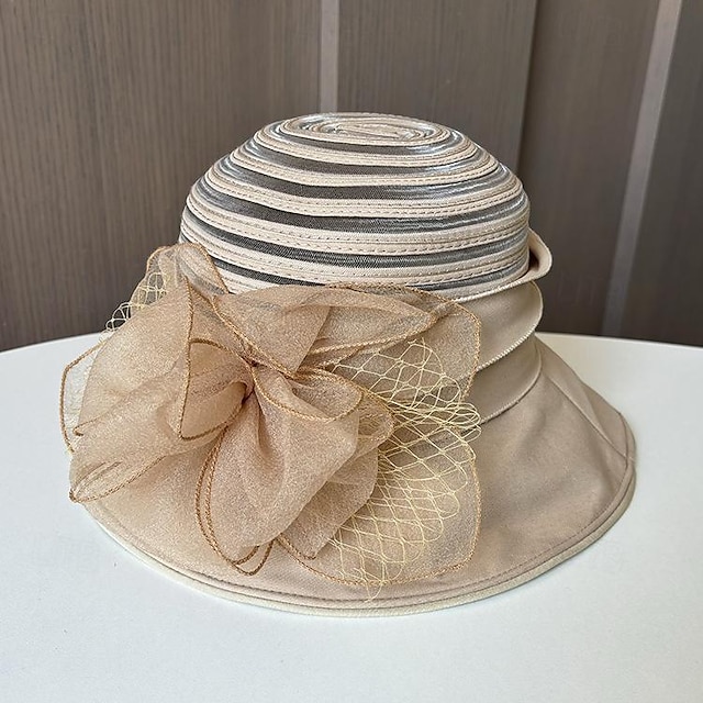  Fascinators Hats Headwear Polyester Organza Bucket Hat Floppy Hat Sun Hat Wedding Casual Holiday Tea Party Beach Elegant Vintage With Flower Pure Color Headpiece Headwear