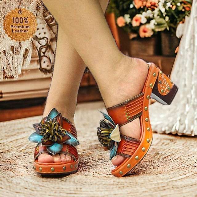  Pentru femei Sandale Papuci Saboți Mărime Plus Size Pictat manual În aer liber Zilnic Vacanță Floral Ținte Blocați călcâiul Vârf rotund Elegant Boemia Epocă Plimbare Piele Premium Loafer Portocaliu