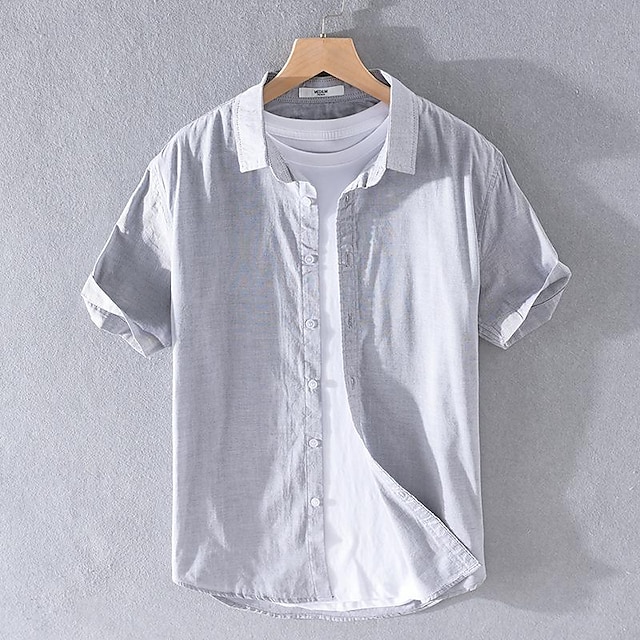  Pánské Košile plátěná košile Košile pro volný čas Bavlněná košile Bílá Nebeská modř Khaki Krátký rukáv Bez vzoru Přehnutý Léto ulice Havajské Oblečení Tlačítko dolů