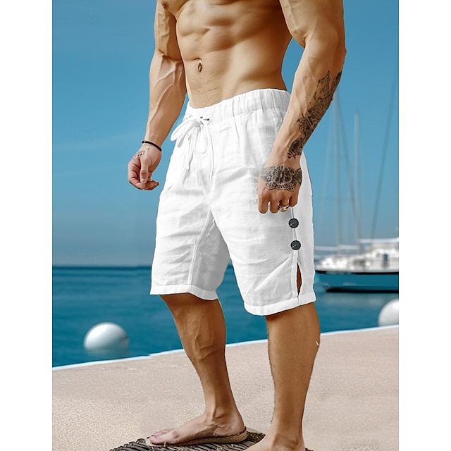  Per uomo Pantaloncini Pantaloncini di lino Pantaloncini estivi Pantaloncini da spiaggia A cordoncino Vita elastica Liscio Traspirante Lunghezza del ginocchio Yoga Spiaggia Hawaiano Informale Nero
