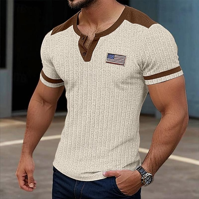  Męskie Koszulka z blokami kolorów Koszulka z krótkim rękawkiem Prążkowana dzianinowa koszulka Koszulka Jednokolorowe Pit Strip Henley niedrukowalne Na zewnątrz Codzienny Krótki rękaw Niejednolita