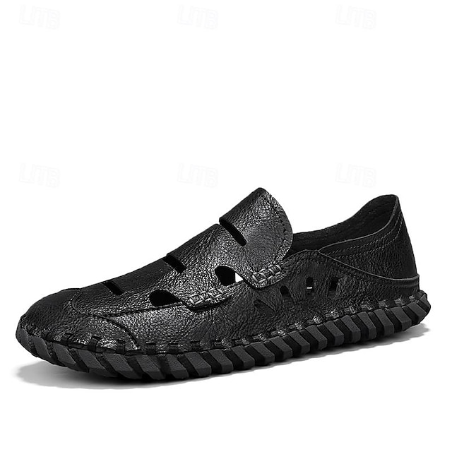  Homens Sandálias sapatos feitos à mão Caminhada Casual Diário Praia Couro Confortável Sem Atacadores Vermelho Escuro Preto Cáqui Primavera Outono