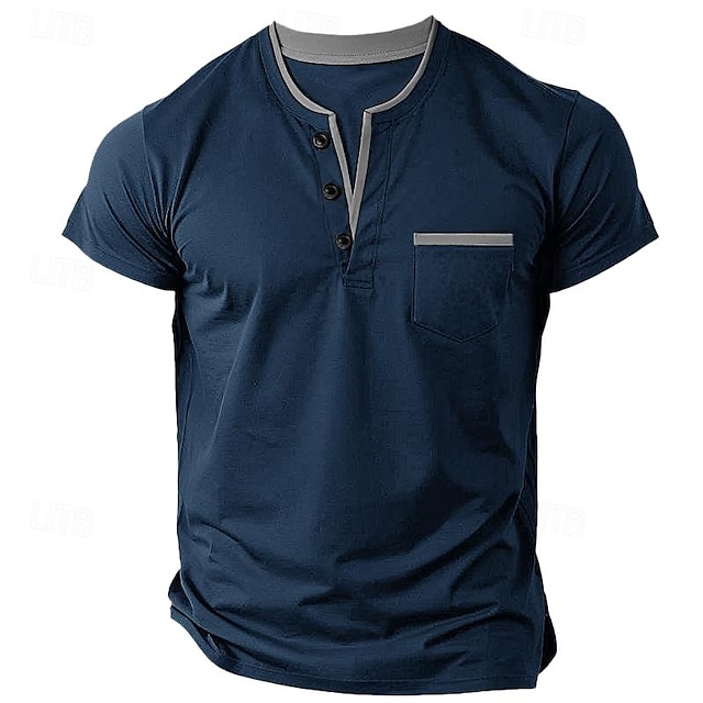 Henley-Shirt für Herren, T-Shirt, Oberteil, schlicht, V-Ausschnitt, Street-Style, Urlaub, kurze Ärmel, Fronttasche, Kleidung, Modedesigner, Basic