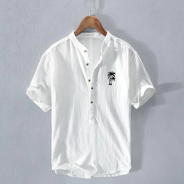 Men's Shirt Linen Shirt Cotton Linen Shirt White Cotton Shirt Minimalist Aloha Shirt Chinese Collar Shirt Coconut Tree Vacation Street White Navy Blue Gray Light Blue Short Sleeve Band Collar Summer 7