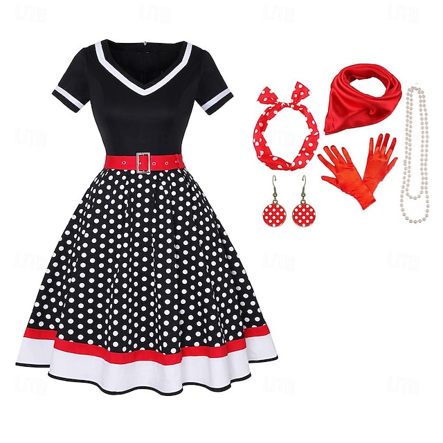  50s Outfit Flare Dress Belt 7 Pcs 1950s Accessories Set Retro Vintage Swing Dress Women's Cosplay Costume Party Date Festival