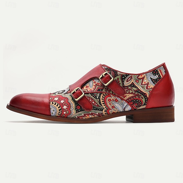  Mönchsschuhe für Herren in Rot mit Paisleymuster, Brogue-Schuhe, italienisches Vollnarben-Rindsleder, rutschfeste Schnalle aus Magic Tape