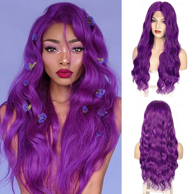  Rubio castaño púrpura verde peluca azul pelucas onduladas largas para mujeres parte media peluca cosplay pelucas sintéticas rizadas largas pelucas púrpuras para mujeres uso en fiestas de halloween