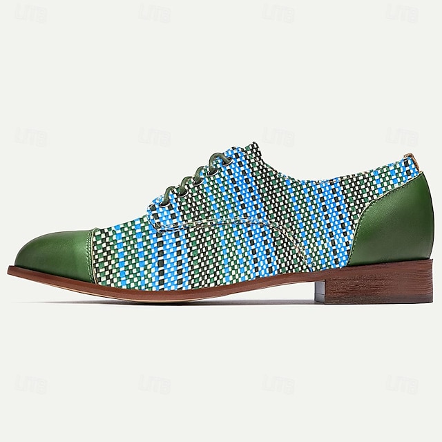  Men's Dress Shoes Olive Green Blue Striped Brogue Leather Italian Full-Grain Cowhide Slip Resistant Lace-up
