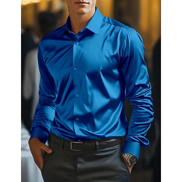  男性用 シャツ サテンシャツ ボタンアップシャツ カジュアルシャツ サマーシャツ ホワイト ワイン ブルー グリーン 長袖 平織り カラー 日常 バケーション 衣類 ファッション カジュアル