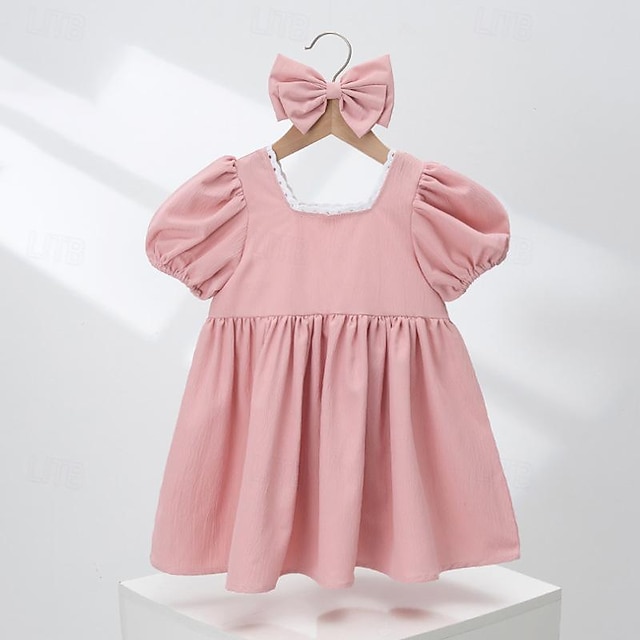  Toddler Girls Cold Shoulder Puff Sleeve Shirred Back Dress With Bow