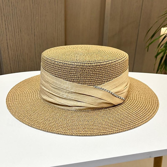  Fascinators Hats Headwear Acrylic / Cotton Straw Straw Hat Sun Hat Holiday Beach Elegant Simple With Bows Crystals Headpiece Headwear