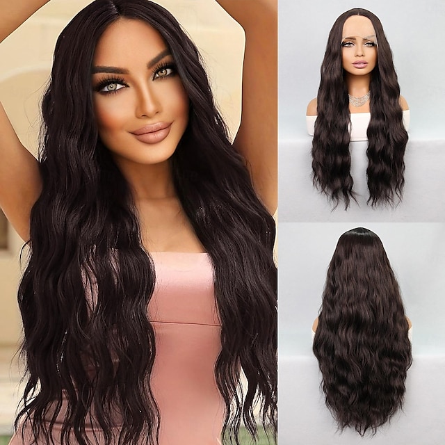  Synthetic Lace Wig Wavy Style 28 inch Dark Brown Middle Part T Part Wig Women's Wig Black Brown