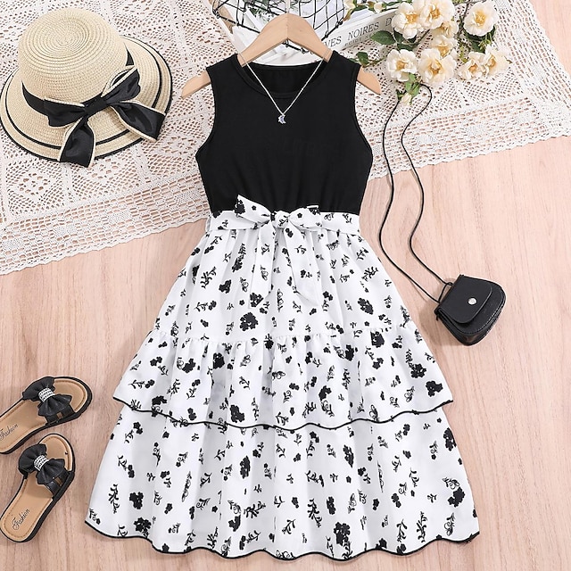 Kids Girls' Dress Floral Sleeveless School Casual Patchwork Fashion Daily Polyester Casual Dress A Line Dress Summer 7-13 Years Black
