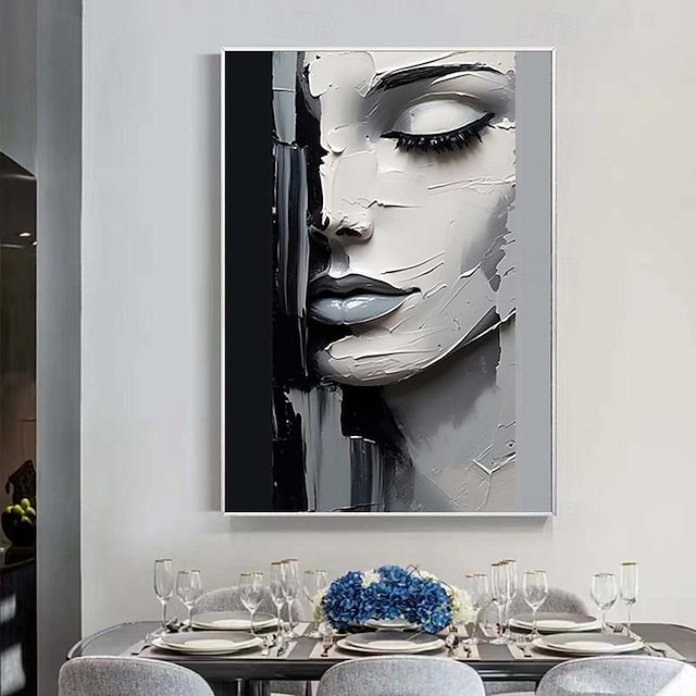  pictură de artă pe pânză figura de femeie abstractă pictată manual figura alb-negru artă de perete imagine decor acasă fata fetei camera fetei decor acasă cadru întins gata de agățat