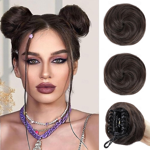  space buns κομμάτια μαλλιά κλιπ νύχι σε κότσο μαλλιών mini bun bun hair scrunchies extension για γυναίκες κορίτσια σκούρο καφέ