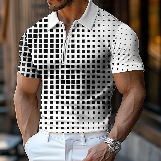  Geometric Men's Casual Print Polo Shirt Zip Polo Casual Daily Sports Polyester Short Sleeve Turndown Polo Shirts White Spring & Summer S M L Micro-elastic Lapel Polo