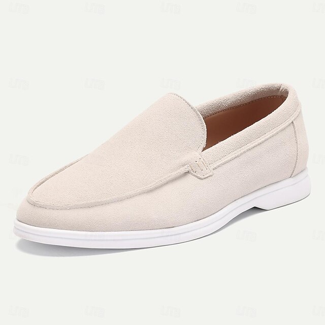 Men's Classic Beige Suede Leather Loafers - Comfortable Slip-On Casual Shoes 9