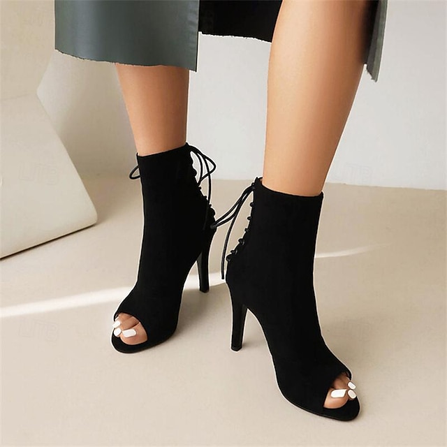  Women's Heels Sandals Boots Summer Boots Heel Boots Party Club Lace-up Stiletto Peep Toe Fashion Sexy Microbial Leather Lace-up Black