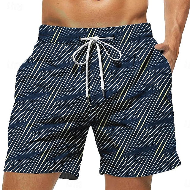  Stripe Print Men's Board Shorts Hawaiian Shorts Swim Trunks Drawstring with Mesh lining Elastic Waist Short Holiday Beach Streetwear