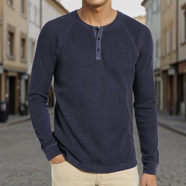 Men's Waffle Tee Waffle Shirt Button T Shirt T Shirt Long Sleeve Henley Spring & Fall Plain Fashion Designer Basic Button-Down Vacation Street Going out Black Wine Navy Blue Top Tee for Men 11