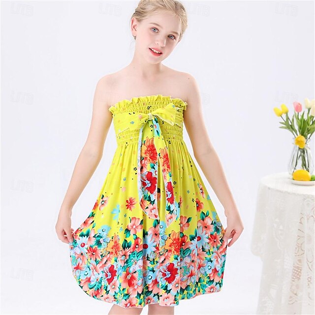  Baby Girl Clothes Toddler Kids Girls Floral Bohemian Flowers Bowknot Sleeveless Beach Straps Dress Princess Clothes