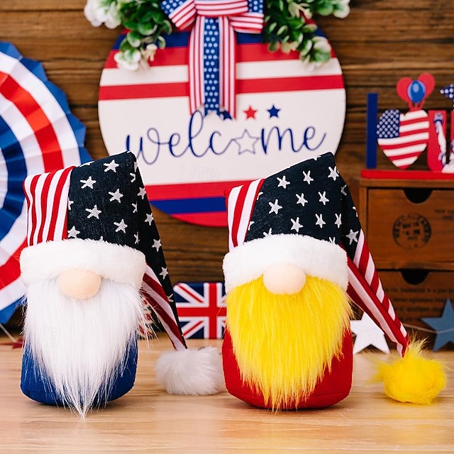  eleva tu celebración del día de la independencia con esta adorable figura de gnomo americano, que presenta un sombrero largo patriótico y un diseño de muñeca sin rostro para el 4 de julio/día