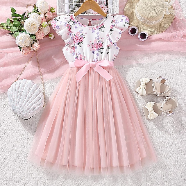  Kids Girls' Dress Floral Flower Sleeveless School Casual Patchwork Fashion Daily Polyester Above Knee Casual Dress Tulle Dress Summer 7-13 Years Pink