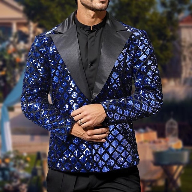  Male Blazer Wedding Party Party & Evening Pocket All Seasons Sequined Glittery Wedding Single Breasted Blazer Silver Black Royal Blue Gold