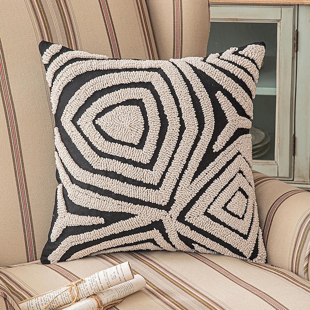  Decorative Toss Pillow Cover Boho Cotton Black & White Irregular Stripe Embroidered for Home Bedroom Livingroom