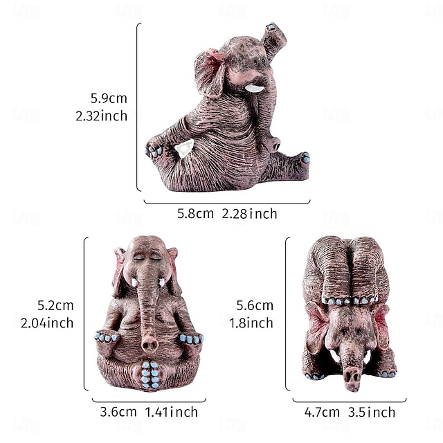  3 stk harpiks skrivebordsdekorationshåndværk af en yoga-praktiserende elefant - håndmalet, ideel til yoga-entusiaster som et dekorativt bordpynt