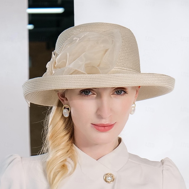  כובעים סיבי באולר/כובע כובע דלי כובע קש מסיבת תה חתונה חתונה אלגנטית עם קשת בצבע טהור כיסוי ראש כיסוי ראש