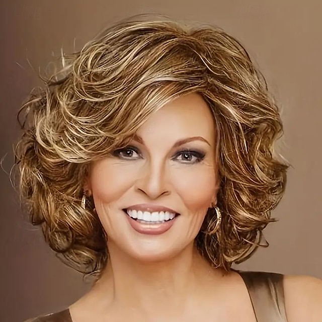  highlight brown shor bob krøllete hår parykker for kvinner syntetisk varmebestandig hår parykker til daglig fest halloween bruk gyllent blondt syntetisk hår
