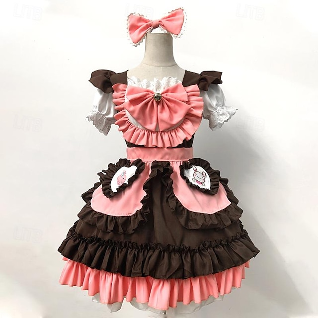  Lolita Princesa Traje de Criada Lolita Vestidos Traje de cosplay Mujer Japonés Disfraces de Cosplay Rosa Retazos Manga Corta