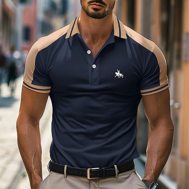 Men's Golf Shirt Pique Polo Shirt Casual Holiday Lapel Short Sleeve Fashion Basic Color Block Patchwork Embroidered Summer Regular Fit Navy-blue Deep Green Dark red Black Golf Shirt 14