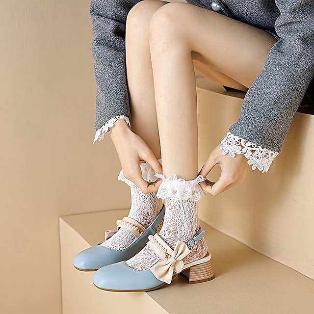  Women's Mules Mary Jane Outdoor Daily Buckle Chunky Heel Round Toe Casual Minimalism Faux Leather PU Ankle Strap White Pink Light Blue