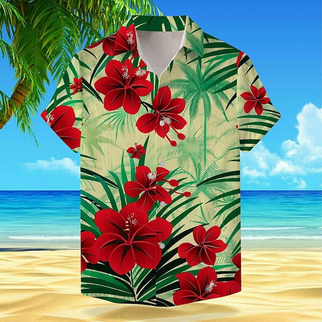  Floreale Festività Hawaiano Per uomo Camicia Esterno Hawaiano Per eventi Estate Collo ripiegabile Manica corta Rosso Blu Arancione S M L Camicia