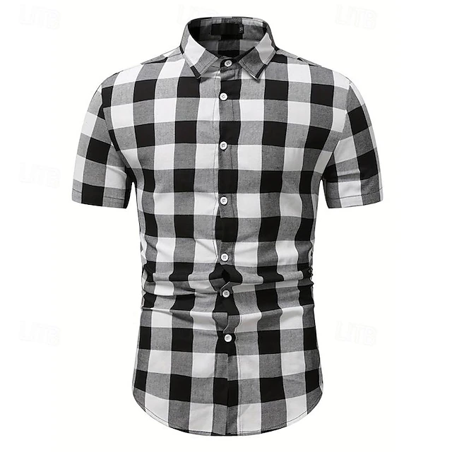 Men's Shirt Dress Shirt Button Up Shirt Plaid Wedding Party White Short Sleeve Lapel Summer Clothing Apparel 7