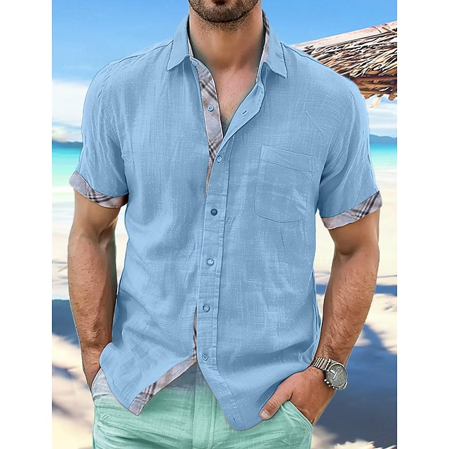  Męskie lniana koszula Codzienna koszula Letnia koszula Koszula plażowa Biały Niebieski Zielony Krótki rękaw Równina Klapa Wiosna i lato Hawajskie Święto Odzież Przednia kieszeń