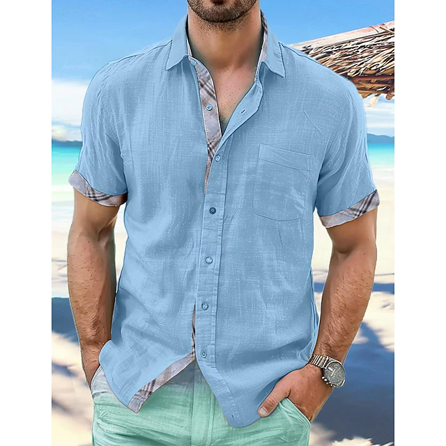 Men's Linen Shirt Summer Shirt Beach Wear Casual Shirt Button Up Shirt Plain Vacation Curise White Blue Green Khaki Short Sleeve Lapel Spring & Summer Clothing Apparel Front Pocket 10