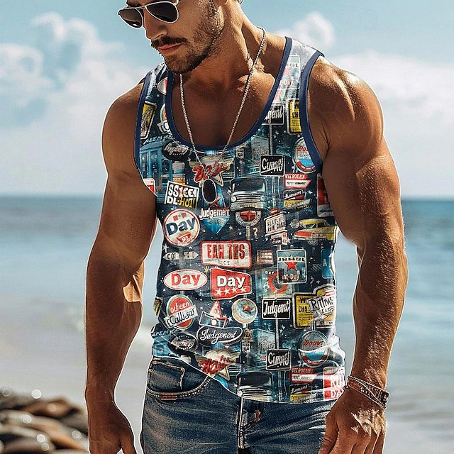 Men's Vehicle T Shirt Vest Top Sleeveless T shirt 3D Print Crew Neck Shirt Vacation Retro Vintage Street Daily Holiday Red Blue Khaki Summer Spring Clothing Apparel S M L XL XXL XXXL 7