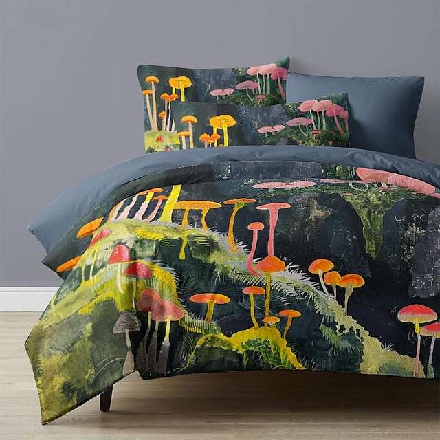  Forest Fluorescent Mushroom Thickened Brushed Cloth Double Bed Duvet Cover Single Bed Warm Flower Bed Set 2-piece Set 3-piece Set Light and Soft Short Plush Set