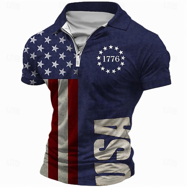  National Flag Men's Vintage Print Outdoor Street Casual Daily 4-Way Stretch Fabric Long Sleeve Turndown Polo Shirts Black Blue Fall & Winter S M L Micro-elastic Lapel Polo