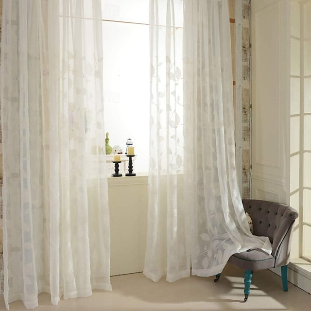  vita skira gardiner långa broderade halvgenomskinliga fönsterskärm lämnar skira gardiner för vardagsrummet sovrum
