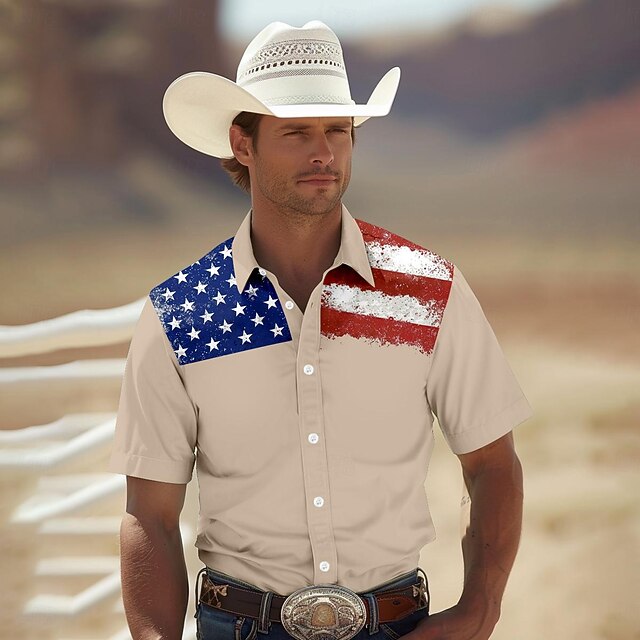 Men's Flag American US Flag Shirt Western Shirt Cowboy Shirt Short Sleeve Western Style Tribal Summer Spring Shirt Collar Khaki4