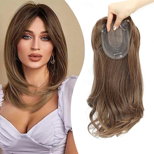  Hair Topper 14 Inch Long Layered Hair Toppers for Women Synthetic Hair Wig Toppers for Women with Thinning Hair Light Brown Fiber Wiglets Ladies Hair Toppers with Bangs