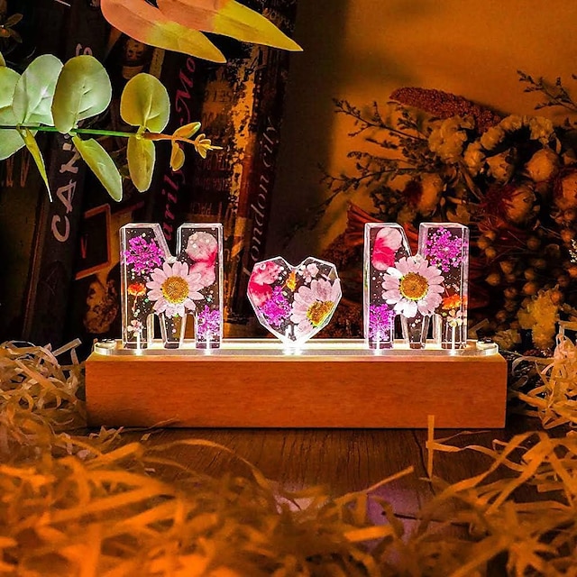  Nachtlichter mit Buchstaben aus Kunstharz, getrocknetes Blumenlicht aus Kunstharz, personalisierte Blumenlampe, Namenslampe, Geschenk für sie, Wohndekoration